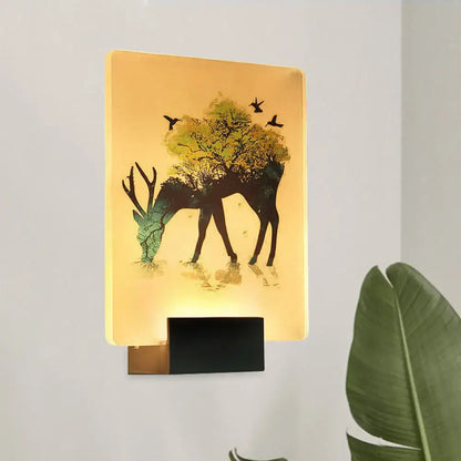 Warm-toned white elk tree led wall sconce with deer silhouette and birds for living room ambient lighting