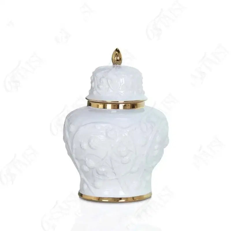 White ceramic embossed flower ginger jar vase with gold-trimmed lid and base for living room storage