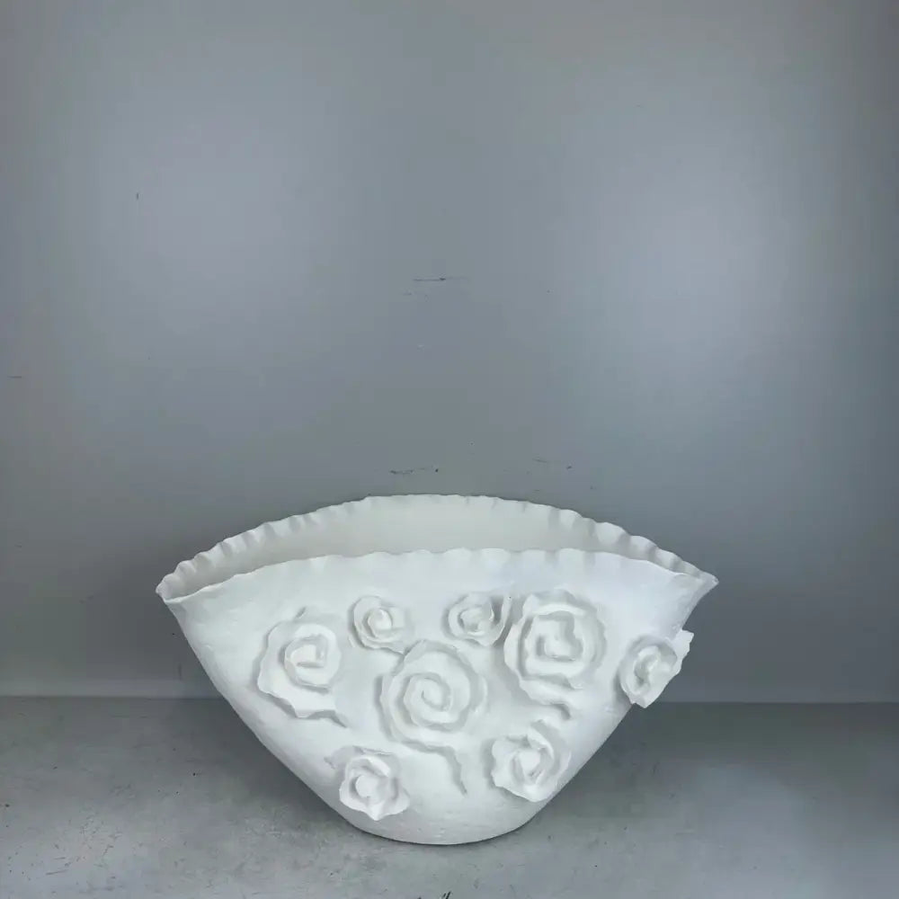 White embossed rose ceramic bowl with raised motifs and scalloped rim for living room decorbites embossed rose decor