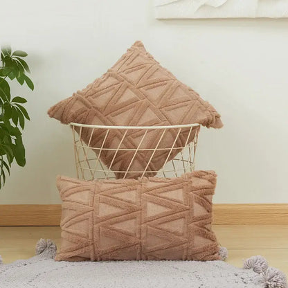 Beige textured embroidered diamond cushion cover with geometric woven patterns and fuzzy tassels for living room decor