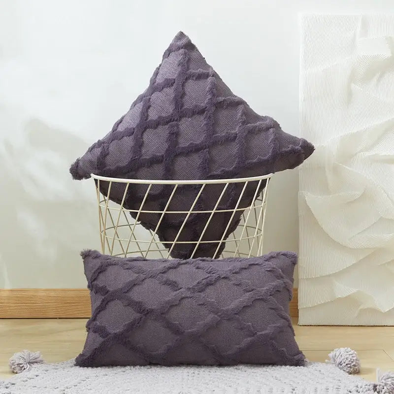 Purple textured throw pillows featuring an embroidered diamond cushion cover with frayed edges for living room decor