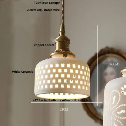 White enamel pendant light with grid pattern ceramic knob switch and brass-colored metal accents for kitchen decorbites ceramic knob