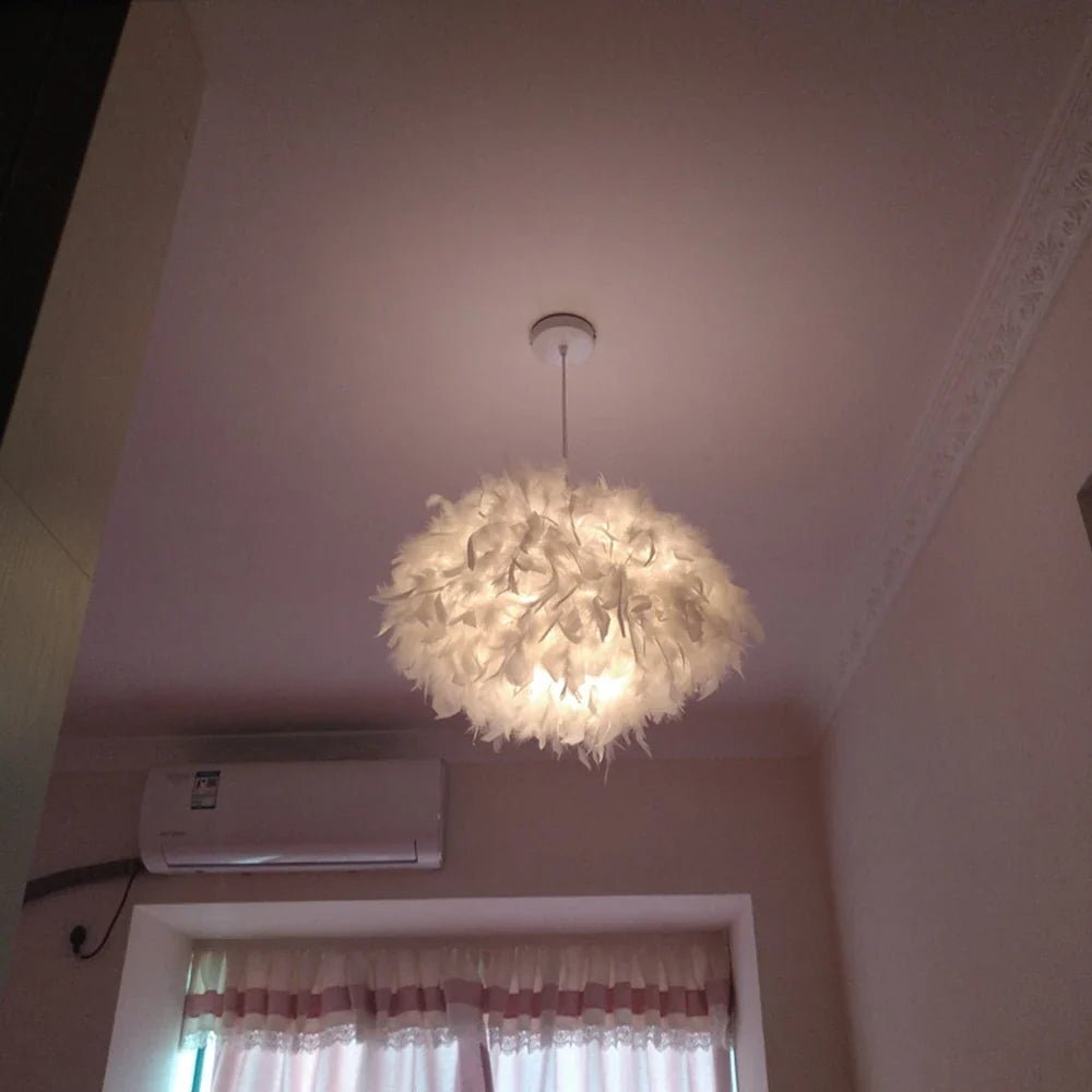 White Feather Pendant Light With Metal Frame - Decorbites
