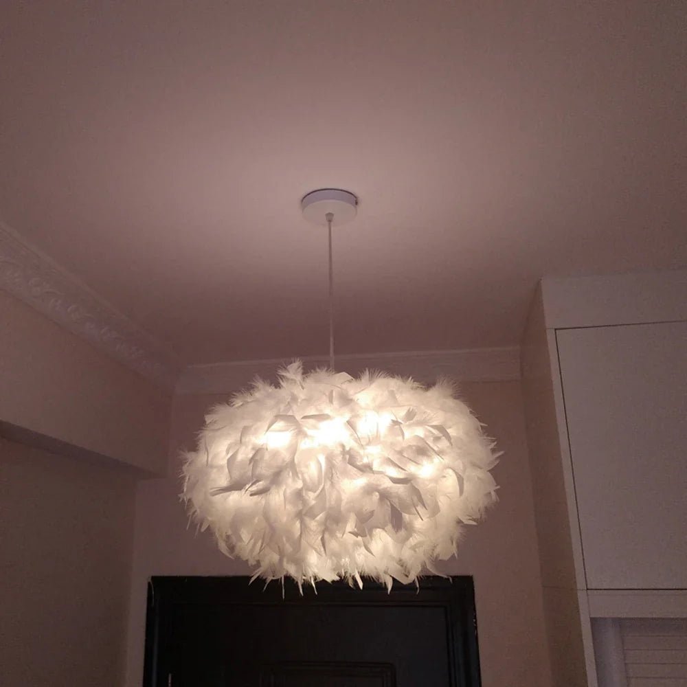 White Feather Pendant Light With Metal Frame - Decorbites