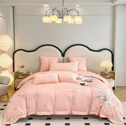 Pink floral embroidered bedding set with butterfly flowers embroidery and soft satin finish for elegant bedroom decorbites