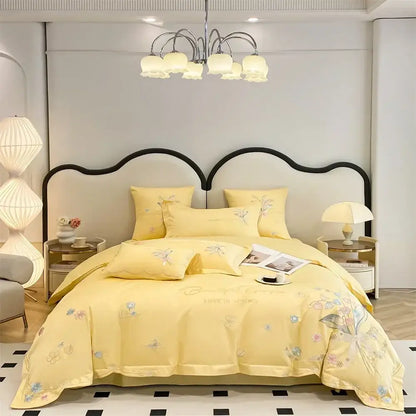 Yellow satin bedding set with delicate white floral butterfly flowers embroidery by decorbites for bedroom decor