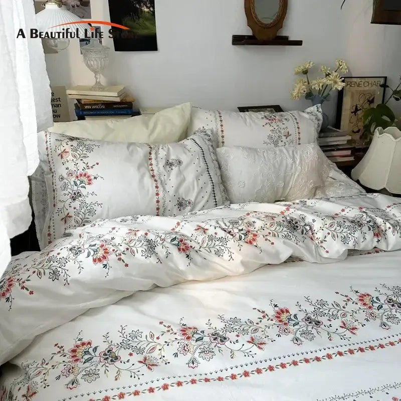 White floral embroidered cotton duvet cover set featuring delicate embroidery and soft flowing fabric for bedroom use