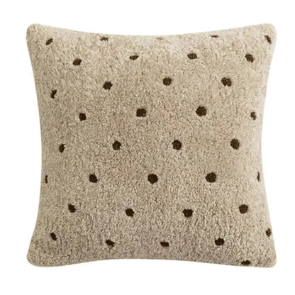 Beige faux fur cushion cover 45x45cm with dark brown embroidered ivorycamel polka dot for living room decor