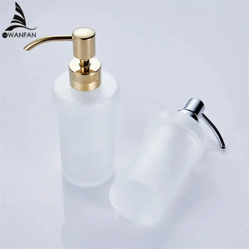 White frosted glass liquid soap dispenser with gold pump for bathroom use and elegant liquid soap dispensing