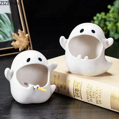 White ceramic ghost genie halloween porcelain ashtray with black eyes and open mouth for desk decor office use
