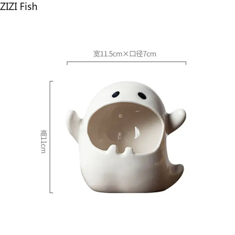 White ceramic ghost genie halloween porcelain ashtray with black dot eyes and open mouth for desk decor