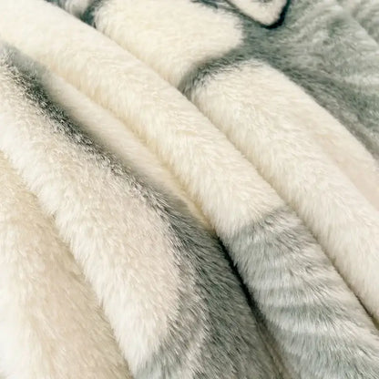 A cozy winter plush pillowcase in cream and gray striped faux fur for decorbites cozy winter bedroom decor