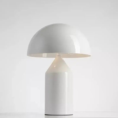 White glossy mushroom iron table lamp with minimalist design for bedroom decor by decorbites iron table