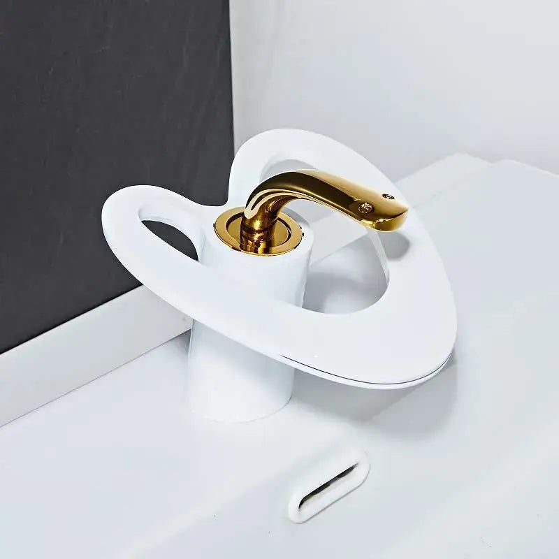 White and gold heart waterfall basin faucet with ceramic body and polished gold-tone spout for bathroom decorbites golden white design