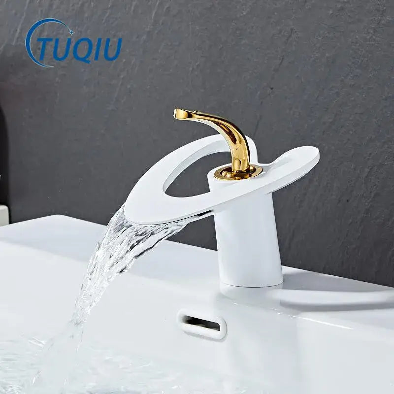 White and gold heart waterfall basin faucet in ceramic with decorbites golden white finish for bathroom sink mixer tap