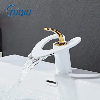 White and gold heart waterfall basin faucet in ceramic with decorbites golden white finish for bathroom sink mixer tap