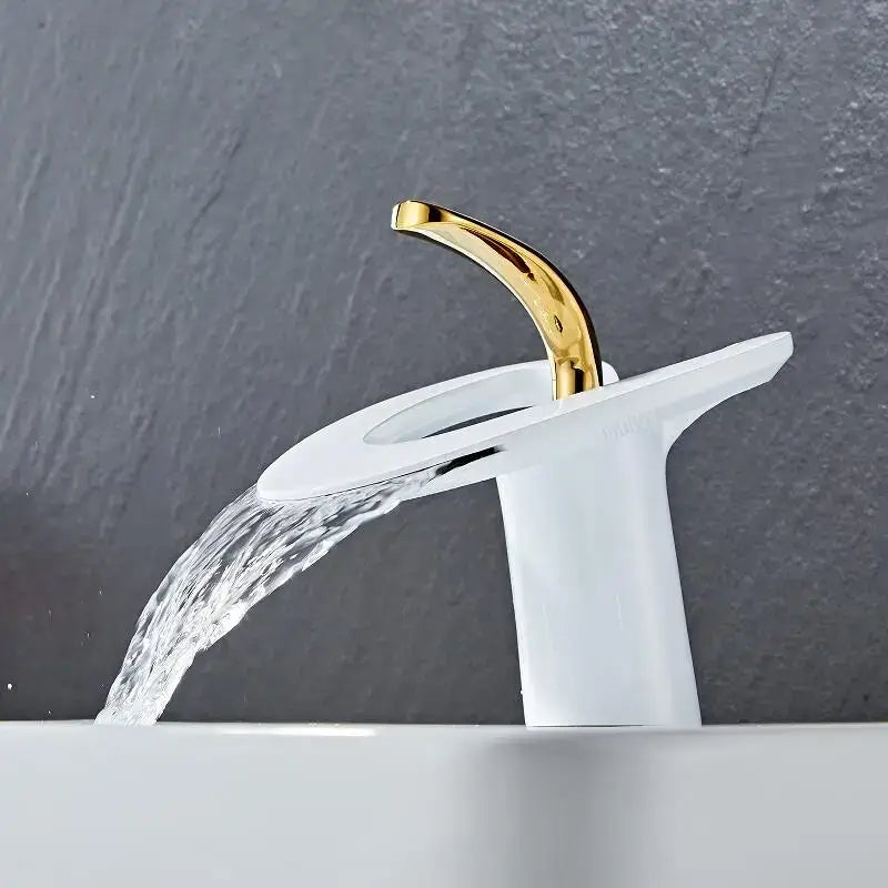 White and gold heart waterfall basin faucet with gold finish and white ceramic base for bathroom decorbites golden white style