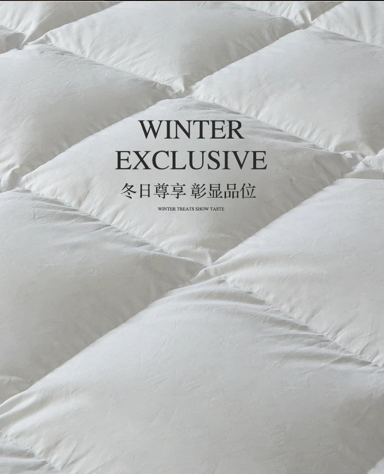 White goose down quilted comforter with plush puffy texture and diamond stitching for autumn winter warmth