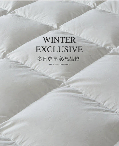 White goose down quilted comforter with plush puffy texture and diamond stitching for autumn winter warmth