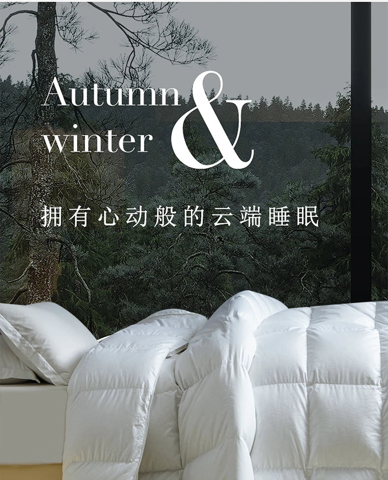 White quilted goose down autumn winter duvet with thick warm velvet and plush texture for single or double beds