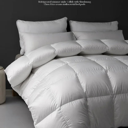 White quilted down comforter made of goose down with thick warm plush velvet design for autumn winter use