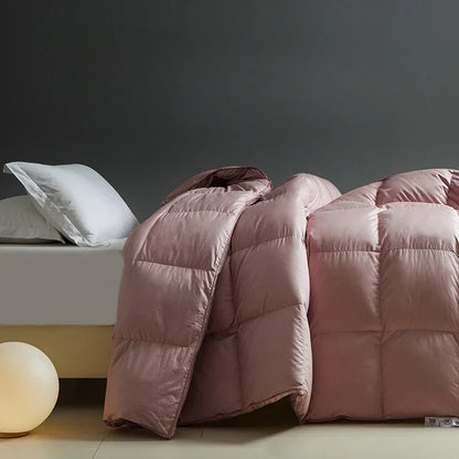 A plush dusty rose white goose down autumn winter duvet with stitched velvet quilt panels for single or double beds
