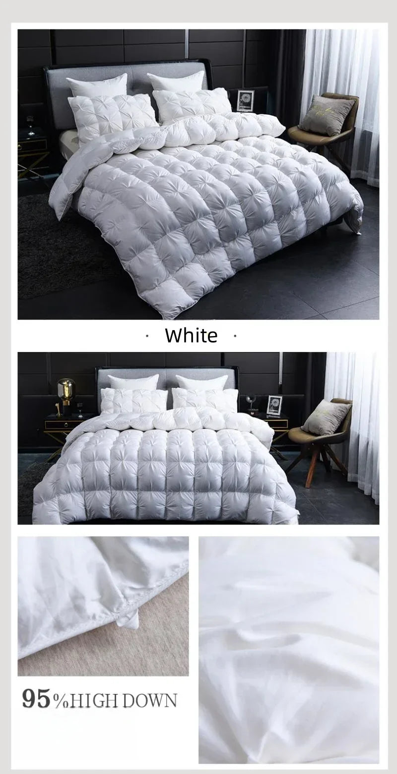 White quilted comforter with 95 percent high down fill and plush texture perfect as a warm winter double duvet