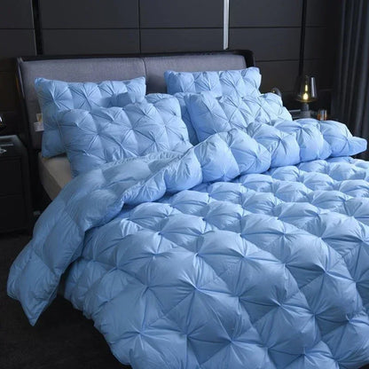 Light blue quilted comforter set with diamond-stitched pattern made of white goose down for warm winter double duvet use
