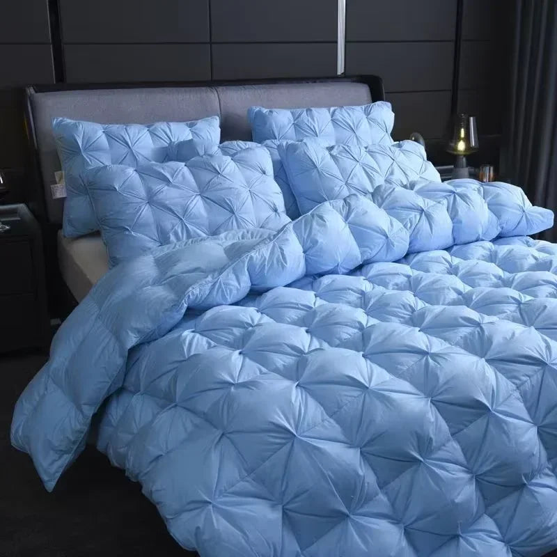 Light blue quilted white goose down comforter set with diamond stitch pattern for warm winter double duvet use
