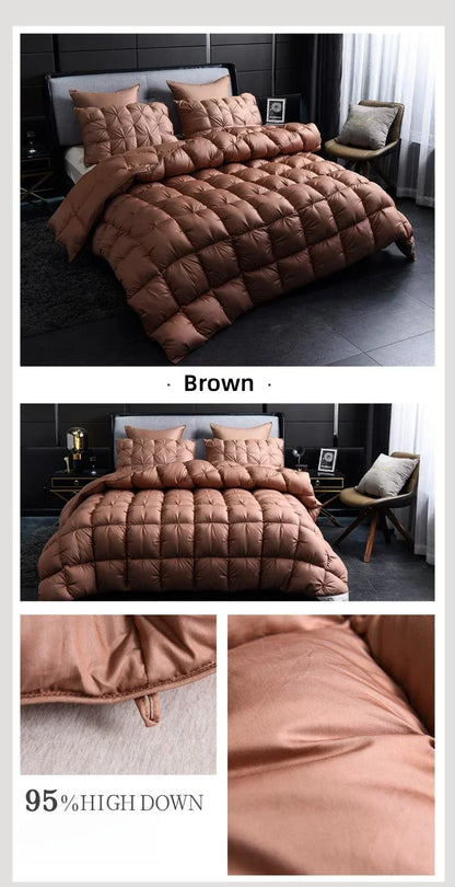 Brown quilted comforter set with plush texture and 95 percent high down filling for warm winter double duvet use