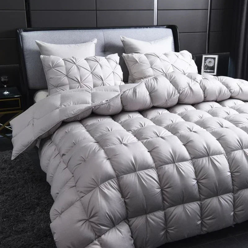 Luxury silver-gray quilted white goose down comforter with diamond stitching for warm winter double duvet use