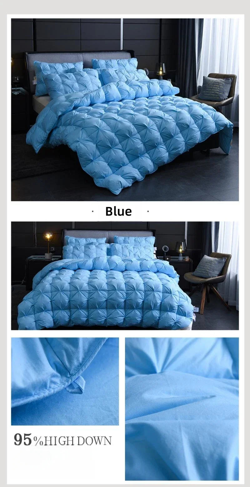 Light blue quilted double duvet with 95 percent white goose down filling for a warm winter luxury bed blanket