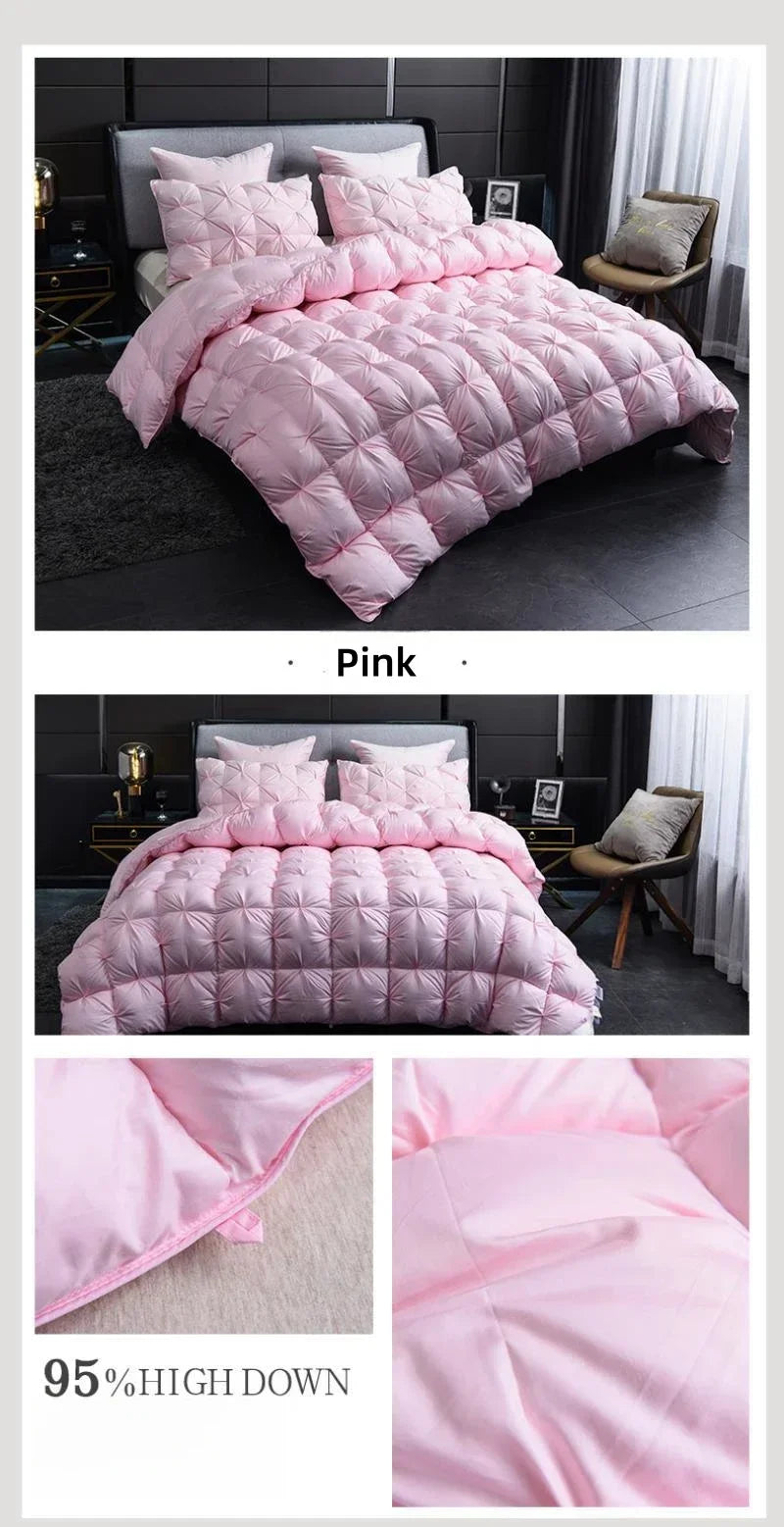 Pink quilted double duvet with white goose down filling offers warm winter comfort with plush texture and subtle sheen