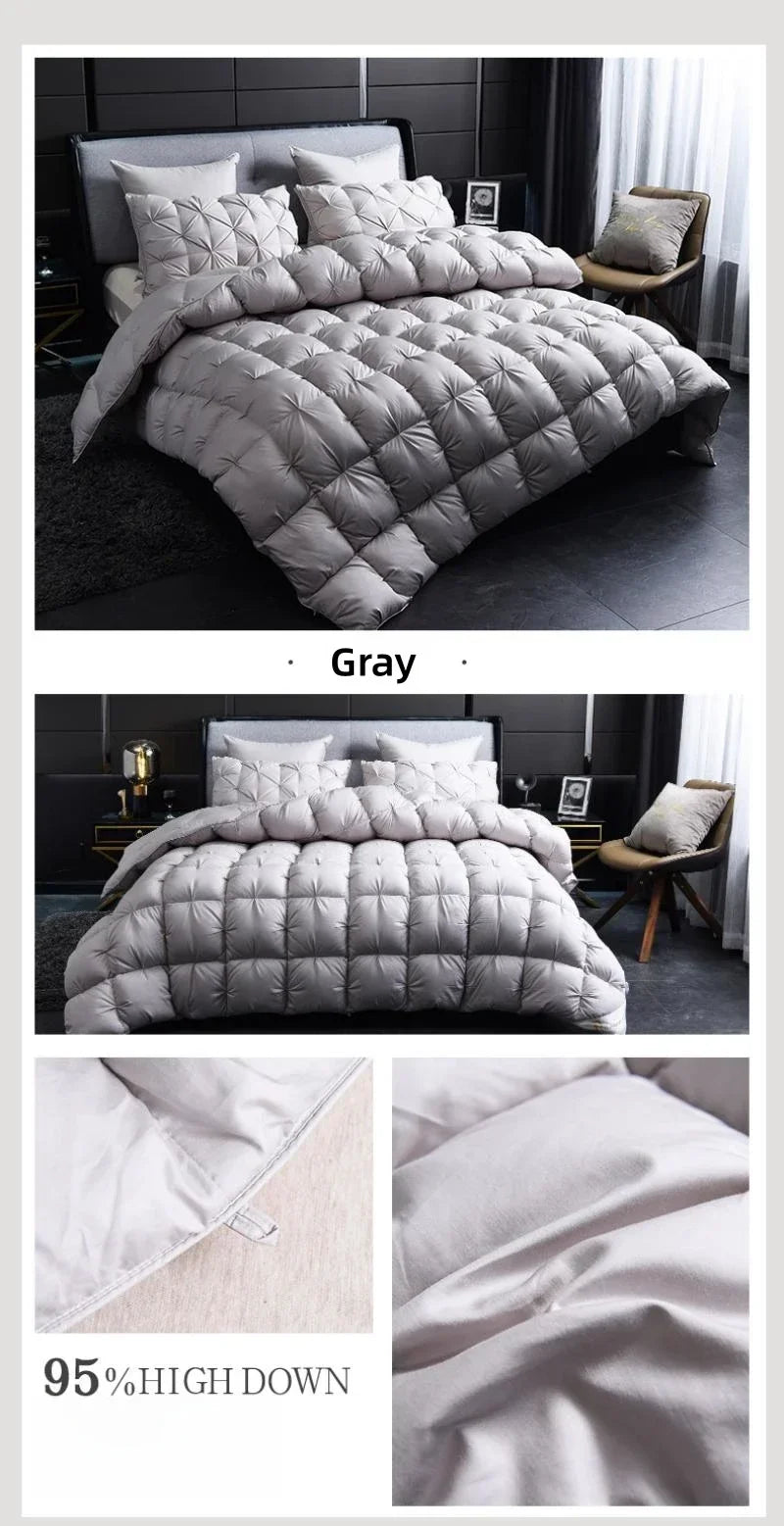 Gray quilted double duvet with plush diamond stitching filled with 95 percent white goose down for warm winter use