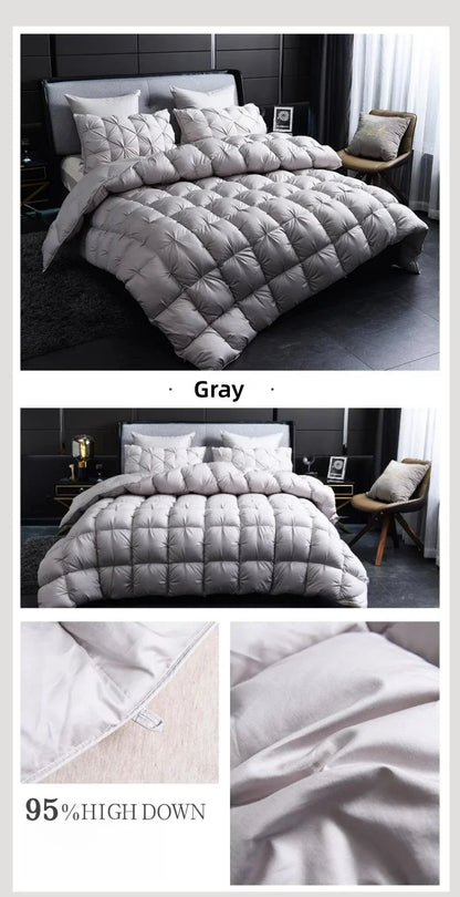 Gray quilted double duvet with plush diamond stitching filled with 95 percent white goose down for warm winter use
