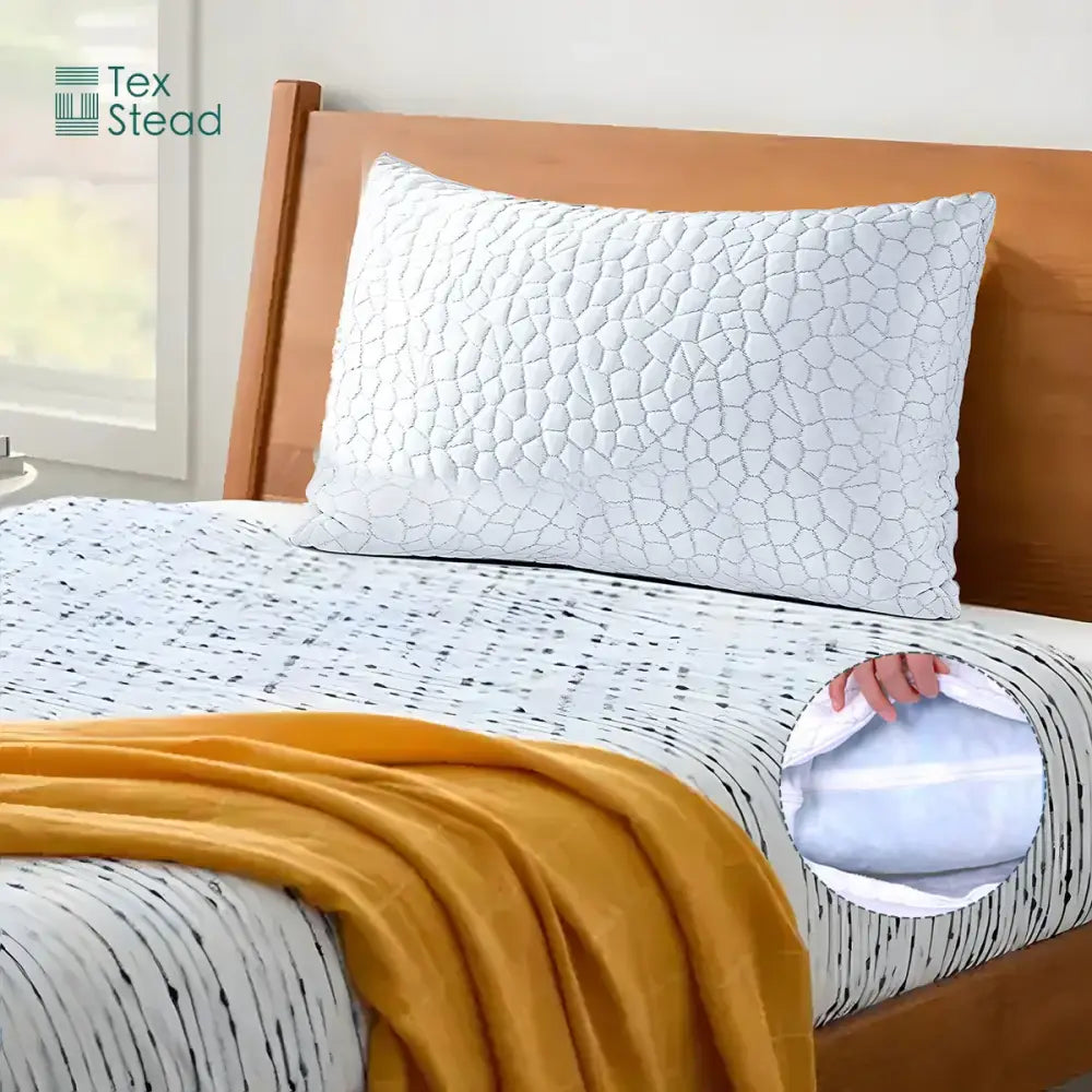 White quilted memory foam pillow with cooling shredded sponge and subtle geometric pattern for bedroom use