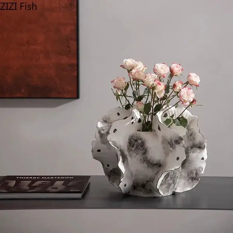 White and gray ruffled ceramic vase with artificial flowers featuring a scalloped design for living room decorbites colorful wings