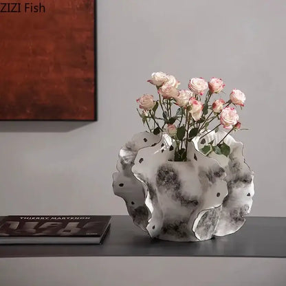 White and gray ruffled ceramic vase with artificial flowers featuring a scalloped design for living room decorbites colorful wings