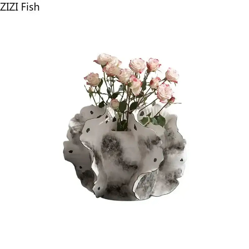 White and gray ruffled ceramic vase with textured marbled finish holds artificial flowers for decorbites colorful wings living room decor
