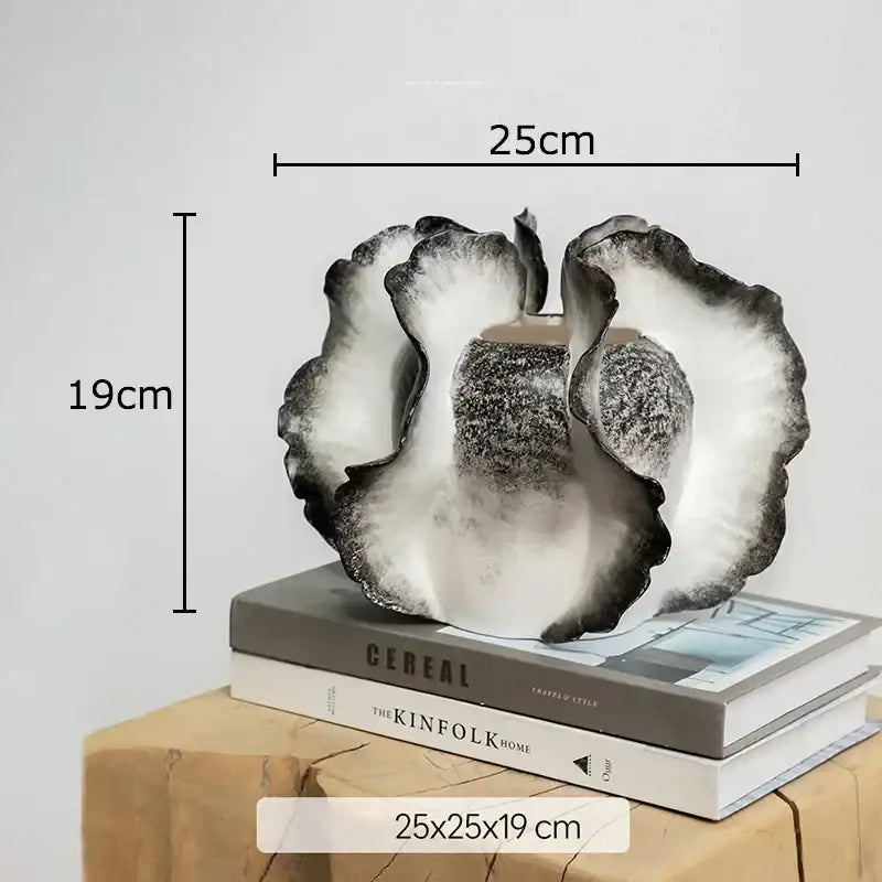 White and gray ruffled ceramic vase with artificial flowers featuring a textured shell-like design for decorbites colorful wings decor