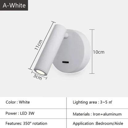 White lacquered swivelling bedroom wall lamp with push button switch made of iron and aluminum wall lamp surface