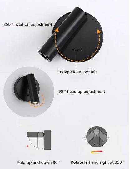 Black cylindrical wall lamp with adjustable 360-degree rotation and 90-degree tilt mounted on bedroom wall surface