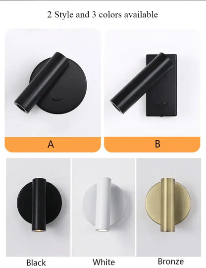 White lacquered swivelling bedroom wall lamp with push button switch and sleek cylindrical head for wall lamp surface