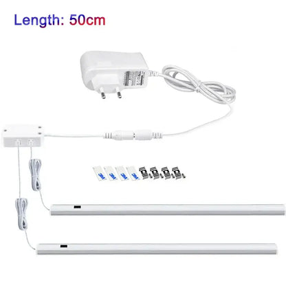 White led motion sensor cabinet light with 50cm metallic strip and mounting hardware for under counter use