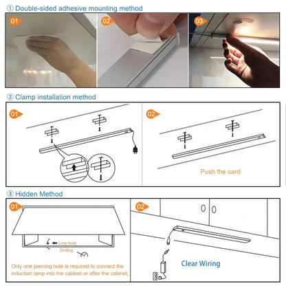 White led motion sensor cabinet light with slim profile and clear wiring for concealed under counter installation