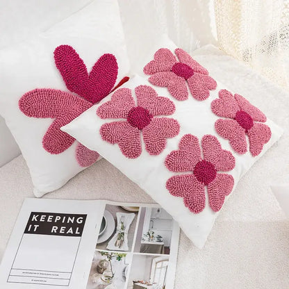 White love floral decorative sofa pillowcase with pink textured floral and heart embroidery for decorbites decorative sofa