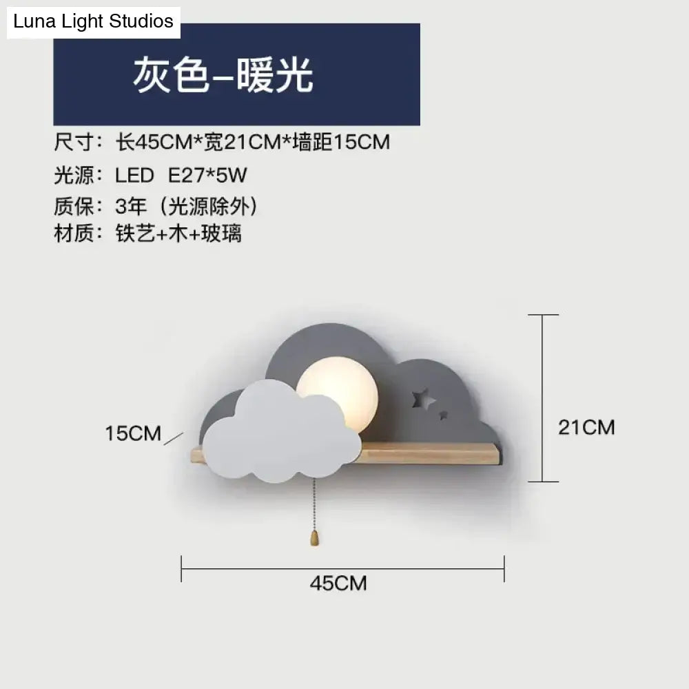 Gray macaron led cloud wall lamp with wooden shelf and glass globe featuring star cutouts for children bedroom