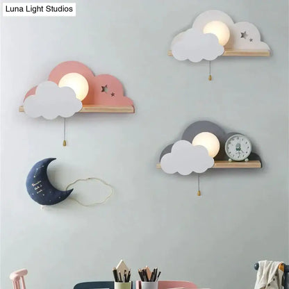 Pastel macaron led cloud wall lamps with wooden bases and glowing lights for children bedroom nordic macaron led