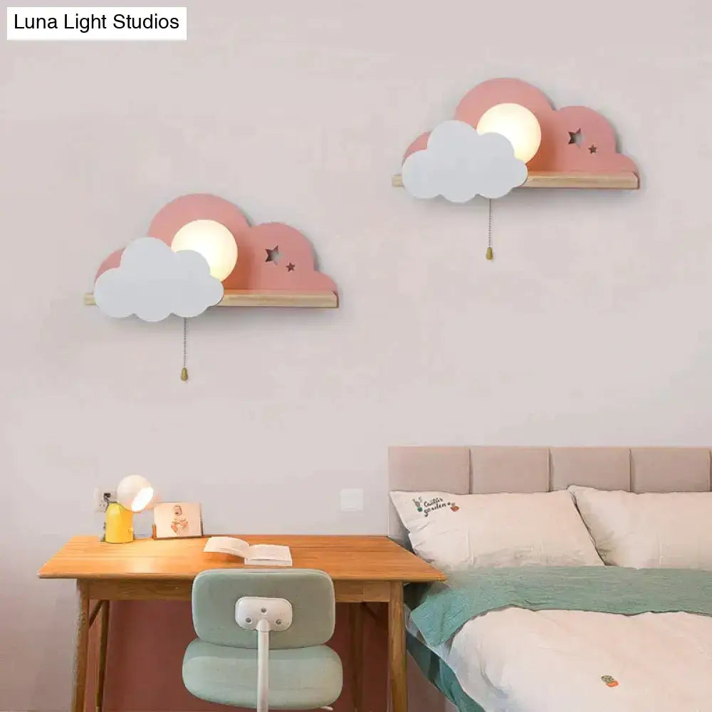 Pink and white macaron led cloud wall lamps with wooden bases and glowing light fixtures for children bedroom decor