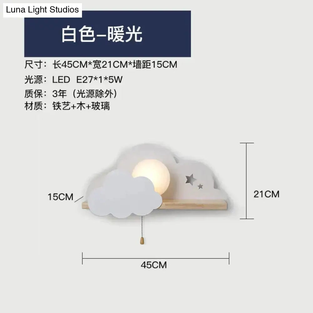 White macaron led cloud wall lamp with wooden base glass globe and star cutouts for children bedroom lighting